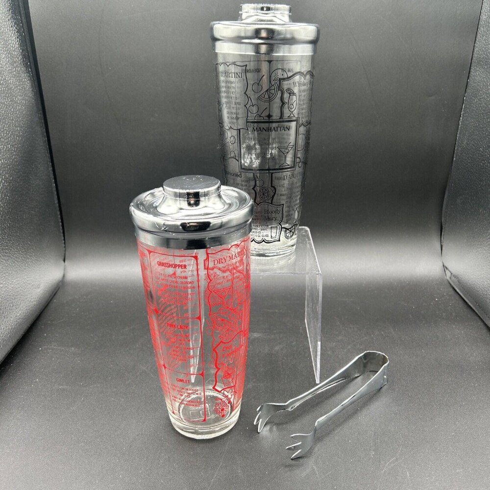 Vtg Pair Cocktail Shakers 9" Irvinware USA Red and Black Glass Mixers